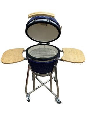Keramik Kamado Grill 18 Inch Warna Biru 48cm Dengan Gerobak Dan Meja Samping